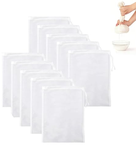 MFCGHXR Lot de 10 Sacs à Lait Végétal Réutilisables 20x30cm en Mousseline Alimentaire – en Nylon Bio avec Cordon de Serrage – pour Fromage, Jus de Fruits, Café, Jus de Légumes, Étainement Alimentaire
