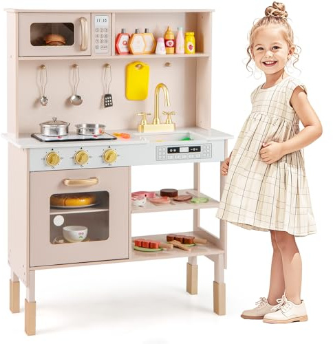 HOMASIS Cuisine en Bois avec Lumière et Son, Cuisine Jouet avec 19 Accessoires et Outils de Jeu, Jouet avec Évier, Cuisinière, Four, Micro-Ondes, Réglable en Hauteur, pour Enfants à partir de 3 Ans
