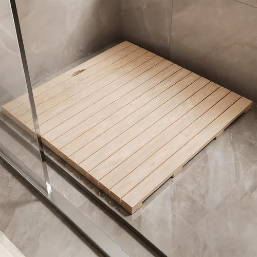Duschmatte aus massivem Teakholz, quadratische Badematte mit rutschfester Oberfläche und Abflussloch, erhöhter, komfortabler Untergrund, für Wohnmobile/Duschen im Innen- und Außenbereich/Spa (30 x 40