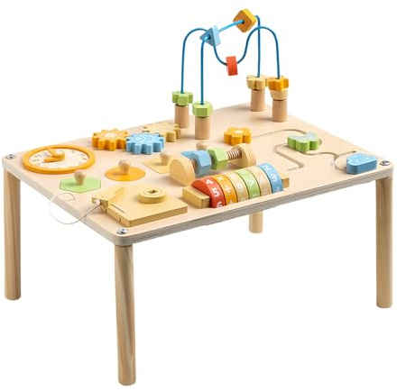 Genérico Holz Spieltisch für Kinder, Eisenbahn Aktivitaetenboard, Farbenfroher Motoriktisch mit Formen Perlenbahn | Kreative Faehigkeiten Foerderung für Kleinkinder Vorschulalter Zuhause