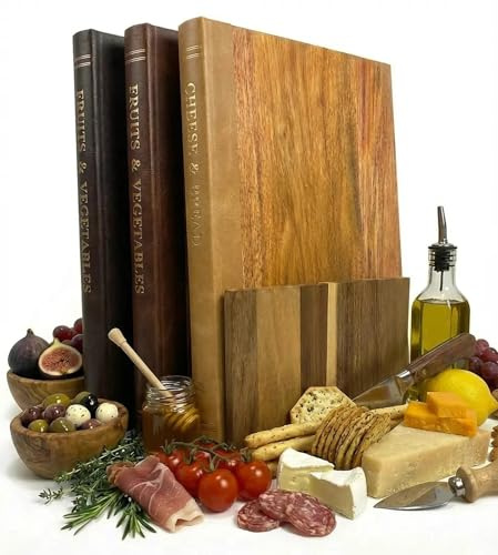 Book Chopping Board Set with Stand – Acacia Wooden Chopping Boards for Kitchen Decor, Charcuterie & Meal Prep | Unique Design that Looks Like Books, Non-Slip & Space-Saving | 3 Piece Set