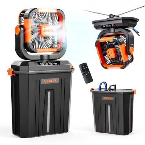 VEVOR Ventilador Nebulizador de Agua Motor de 2400 RPM, Ventilador Humidificador con Tanque de Agua de 12 L, Batería de 20.000 mAh, 4 Velocidades de Viento, 3 Modos de Iluminación, para Camping