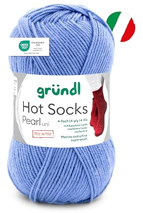 Gründl Lana Hot Socks Pearl Uni de 4 capas, hilo para calcetines, suave y agradable para la piel, 75% lana virgen, 20% poliamida, 5% cachemira, 1 ovillo de 50 g/200 m, grosor de aguja 2,5 – 3, aciano