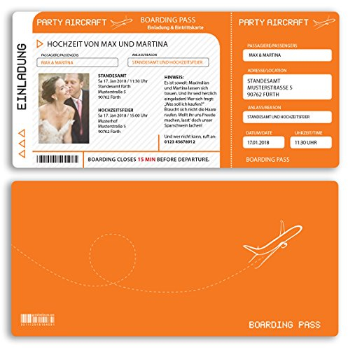 (80 x) Hochzeitseinladungskarten Flugticket Boarding Pass orange Einladungskarten Hochzeit