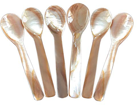 DUEBEL Set von 6 Rosa Perlmutt MOP Mother of Pearl Löffel für Kaviar Eier Serving (Rosa, 9x2.3cm)