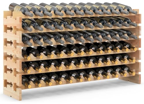 GOPLUS Casier à Bouteilles pour 72 Bouteilles, Range Bouteille Vin avec 6 Étagères, Porte Bouteille en Pin Massif, Grand Espace Superposable, pour Bars, sous-sols, 119 x 29 x 71,5CM, Bois Naturel
