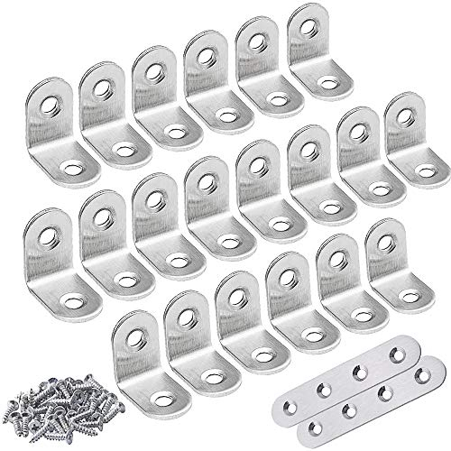 FLZONE Winkelverbinder,20 Stück Edelstahlhalterung + 2 Stück Flache Eckstrebenplatten Edelstahl L Halterung 90 Grad Rechtwinklige Halterungen mit 48 Stück Schrauben (20 * 20 MM)