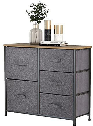 Mondeer Kommode, Kommode Schmal, Schrank mit 5 Groß Schubladen, Stoff Schubladenschrank, Kleideraufbewahrung, Aufbewahrung Schrank, 85x30x70cm, Stabiler Metallrahmen, Grau