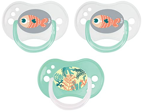 Tigex Sucettes réversibles | 6-18 mois | Sucettes en silicone Jour/Nuit | Sans BPA | Poisson | Lot de 3