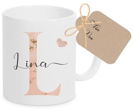 Manufaktur Liebevoll | Kaffee-Tasse mit Buchstabe Initiale Monogramm Tasse individuell mit Namen Personalisiertes Geschenk für Frauen (Rosa)