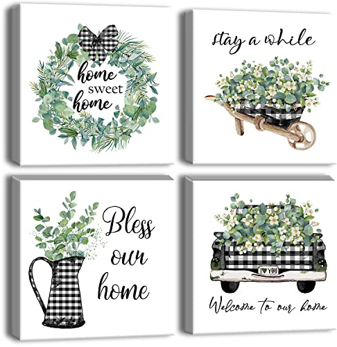 Artscope 4 Teilig Leinwandbilder mit Sweet Home Theme Motiv Kunstdruck - Moderne Wandbild für Küche Badezimmer Wohnzimmer Wanddekoration - 30 x 30 cm- Grün