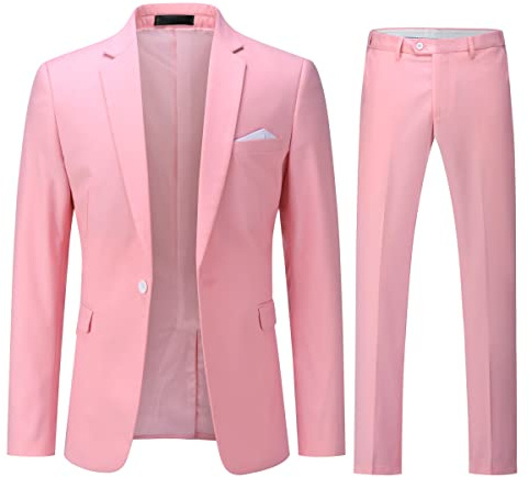 YOUTHUP Men's 2 Piece Suits Slim Fit 1 Button Business Wedding Tuxedo Suit Formal Blazer and Trousers, Pink, M