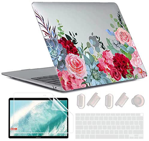 MUSHUI 4 in 1 Hülle Kompatibel mit MacBook Air 13 Zoll 2020 2019 2018 Freisetzung A2337 M1 A2179 A1932 Touch ID, Flexibel Plastik Hartschale Snap Case & Tastaturschutz & Displayschutz, Blumen 2