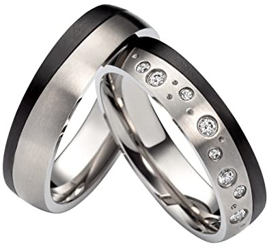 Trauringe, Titan Carbonringe mit Zirkonia, Partnerringe, Eheringe, Hochzeitsring mit kostenloser Gravur und Etui | 3914