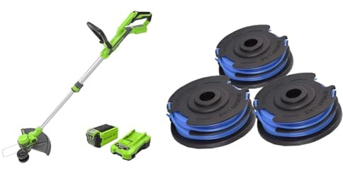 Greenworks 40V 33cm Cordless String Trimmer with 2Ah Battery and Charger, G40LT33K2 & Trimmer Spool and 1.65mm Double Line 4.8m incl. 3 Packs for 40V Lawn Trimmers G40LT G40LTK2 G40LTK2x
