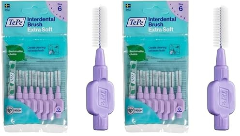 TePe Interdentalbürsten Extra Soft Lila (ISO Größe 6: 1,1 mm) / Für eine besonders sanfte & effiziente Reinigung der Zahnzwischenräume / 1 x 8 Interdental Bürsten (Packung mit 2)