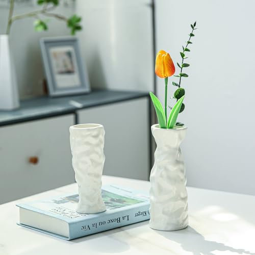 Porceluxe Weiße Keramik Blumenvase - 2er Set Papiertüte Vasen - Moderne Boho Deko Vasen für Blumen und Pampasgras - Wohnzimmer Hochzeit Büro & Schlafzimmer Deko Geschenk