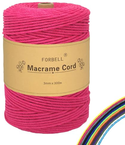 FORBELL Makramégarn, 3 mm x 300 m, premium bomullsgarn för gör-det-själv-hantverk (rosenröd)
