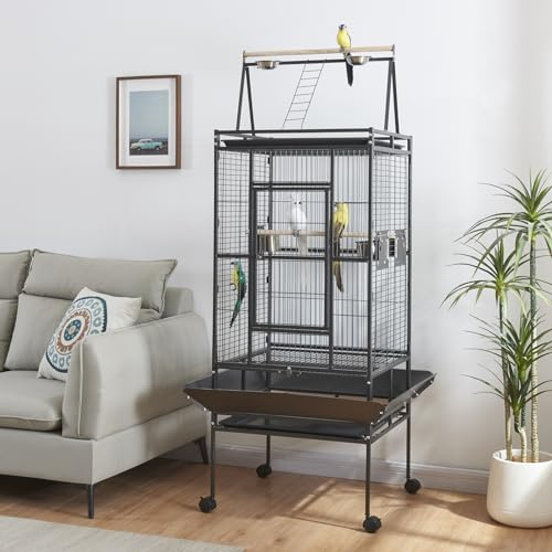 Panana Large Bird Cages Parrot Cage Wide Flight Metal Animal Cage for Budgie Parakeet Conure With Rolling Stand Wheels (Black, 81L x 87W x173H)