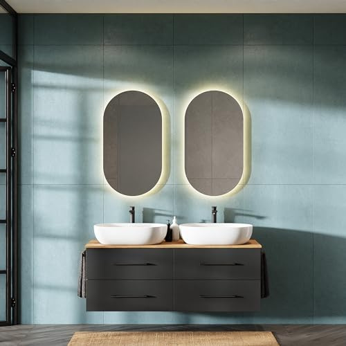 Planetmöbel LUX Juego de muebles de baño con armario bajo 140 cm, 2 lavabos de 60 cm, color blanco, 2 espejos de 50 cm (sin LED), roble dorado/antracita