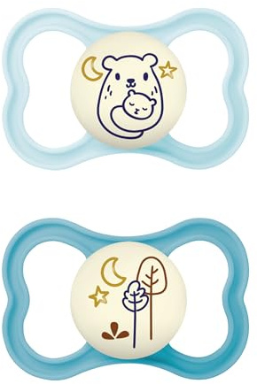 MAM Air Night -Set di ciucci in silicone, da 2 pezzi, adatti ai denti e luminosi, design a scudo extra leggero e arioso con scatola per il ciuccio, per neonati di 6-16 mesi, motivo orsi/alberi