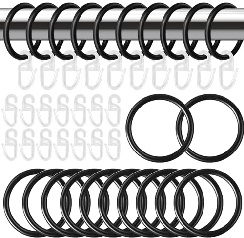 Hengxinchen 40 Stück Metall 30 mm Vorhangringe Vorhang Hängend Ringe mit 80 Stück Kunststoff Gardinenhaken Schwarz Gardinenhaken Transparent Kräuselband Haken für Vorhang Duschvorhang