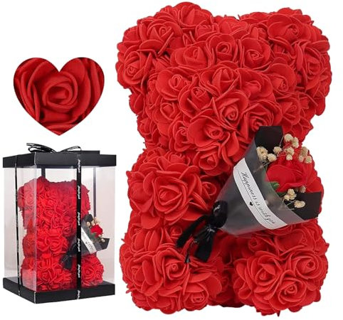 Oso De Rosas - Oso De Flores Artificiales | Oso De Rosas Con Caja | Oso De Peluche De Rosas | Regalos Para Mujer | Regalos Para Cumpleaños/San Valentín/Bodas/Día La Madre/Aniversarios, (24x16 CM)