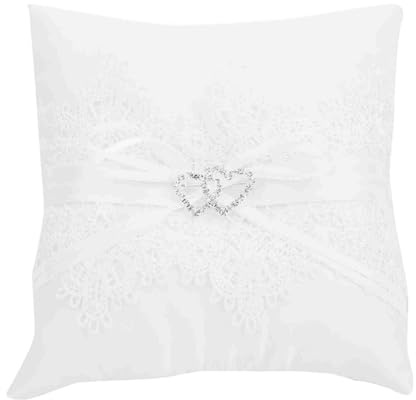 Msiud Wedding Ring Bearer Pillow with Lace Rhinestone Heart Decor, 5.9x5.9 Inch Elegant White Satin Lace Ring Cushion, Classic Bridal Wedding Ceremony Ring Holder Pillow for Wedding Party Decorations