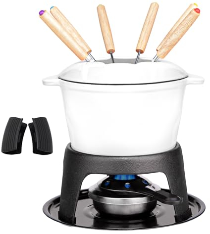 Mabeeze Cast Iron Fondue Pot Set White Enameled 1.6 Qt for Cheese, Chocolate, or Meat: Includes 6 Fondue Forks