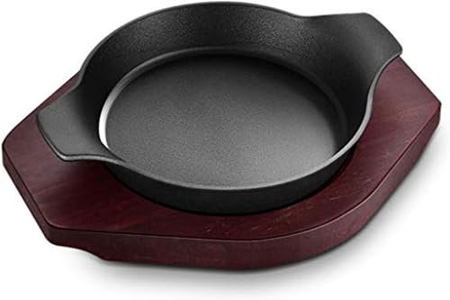 Fuente redonda de hierro fundido y base de madera para suministros de restaurante, accesorio de cocina para el hogar y la cocina, ideal para asar carnes y mariscos