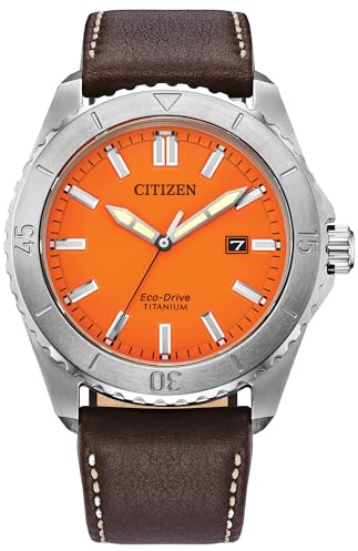 Citizen Orologio da uomo Eco-Drive Weekender, sportivo, casual, in acciaio inox, color argento, cinturino in pelle marrone, quadrante arancione (modello: AW1840-09X), Arancione, Sport Casual