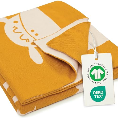 Babydecke Baumwolle, Baby Decke Neugeborenen, Baby Blanket Newborn, Gelb | Decke Baby 100% Bio Baumwolle, GOTS & OEKO-TEX, Kuscheldecke Baby mit Wachstumsskala, Strickdecke Baby für Jungen & Mädchen