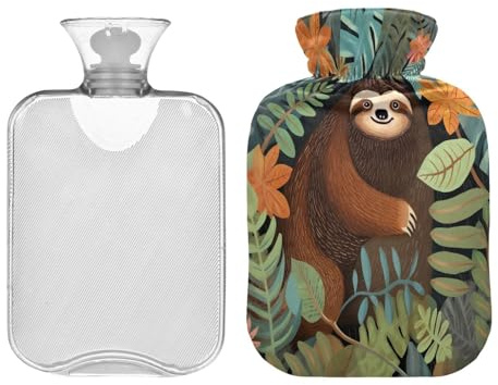 SKYSHU Faultier-Wärmflasche, transparent, auslaufsicher, waschbar, hitzebeständig, Wasserflasche mit weichem Plüschbezug, für Menstruationskrämpfe, Nacken- und Schulterschmerzen, 2 l
