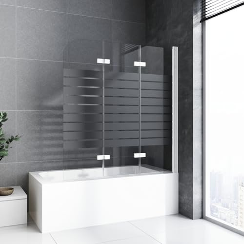 Duschwand für Badewanne faltbar 3 teilig 120 x 140 cm Schwarz Gestreift Badewannenfaltwand Duschtrennwand 6mm Nano Glas Duschabtrennung Badewanne, Weißer Rahmen