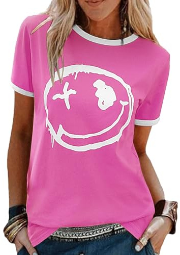 heekpek T Shirt Donna Magliette Donna Manica Corta T-Shirt Cotone Top Blusa Estivo Crew Neck Graphic Tee Maglietta Camicia Casual, Rosso Rosa, XL