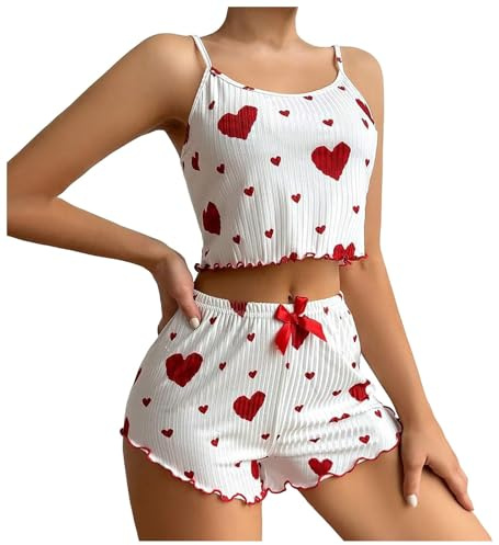 Gatamiau Pijamas Mujer Verano Corto con Estampado de Corazón Camiseta sin Mangas y Pantalones Cortos, Ropa Dormir Sexy Conjunto Pijama Suave