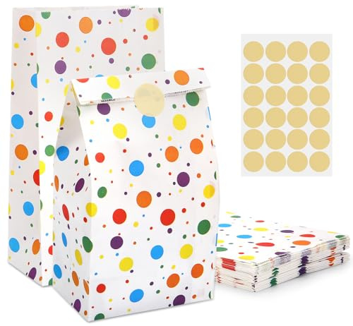MIEWAA 24 Geschenktüten Kindergeburtstag mit Aufklebern 13x8x24cm Papiertüten Tüten Klein Kraftpapier Kinder für Mitgebsel, Süßigkeiten, Geburtstag, Weihnachten, Hochzeit, Ostern, DIY Adventskalender