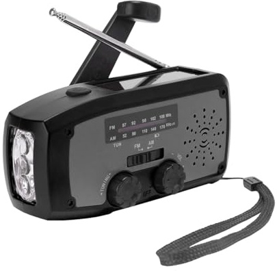 Radio solaire à manivelle - AM/FM - Portable - Avec batterie rechargeable de 2000 mAh - Port USB - Lampe de poche LED - Alarme SOS - Récepteur mondial pour camping, extérieur, urgence - Noir