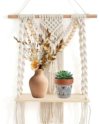 LZLINGMEI Makramee Wand Hängendes Regal, Boho-Pflanzenhalter aus Holz und Baumwollseil für die Wohnraumgestaltung, Bohemian-Gewebter Wandbehang mit Aufbewahrungsfunktion, 35 × 50 cm