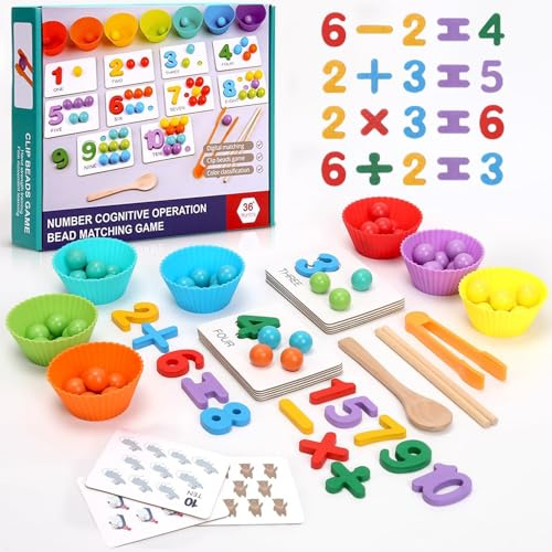 PKKP Holz Montessori Spielzeug ab 3 4 5 Jahre, Montessori Zahlenspiel mit Clip-Perlen, Farben Sortieren Holzspielzeug, Motorikspielzeug Sortierspiel Steckspiel Rechenspielzeug für 3 4 5 6 Jahre Kinder