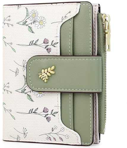 Farcauo Damen Portemonnaie Geldbörsen RFID Frauen Kleine mit Grün Blumen Design für Frauen Klein mit Ausweisfach und Kartenhüllen
