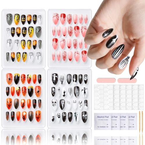 96 Stück Nails Zum Aufkleben Mandel - Halloween Mittel Künstliche Fingernägel mit Grusel Designs wie Kürbisse, Fledermäuse und Spinnweben - Full Cover Press on Nails für Frauen Nails Art (Schwarz A)