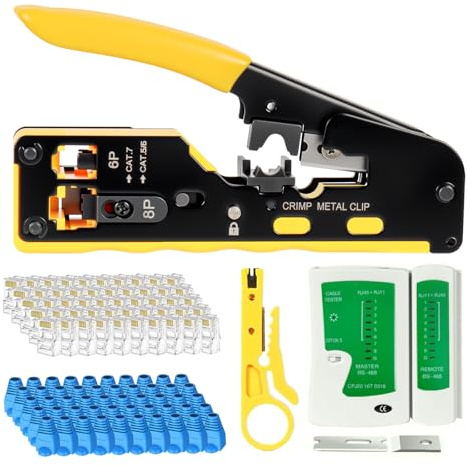 RJ45 Crimping Tool Pass Through Ethernet Crimper Kit for Cat5 Cat6 Cat7, with 50PCS Cat6 Pass-Through Connectors and 50Pcs Covers, Cable Tester Wire Stripper Cutter RJ45 Pass Through Crimp Tool