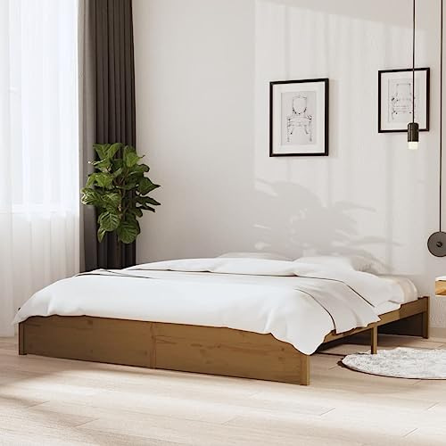 Teenpull Massiv träsäng av furu, honungsbrun, 200 x 200 cm, stabil sängram för sovrum, robusta plywoodribbor, modern plattformsbas, hållbara möbler för vilsam sömn