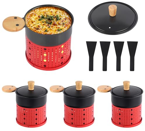 Fondue Individual Mini para Queso y Chocolate, 4 Unidades Rojo, con Tapa y Base para Velas, Mango de Madera, Antiadherente, Ideal para Cenas Románticas, Parejas y Reuniones