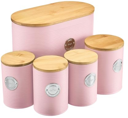 Cooks Professional 5 Piece Ribbed Tea Coffee Sugar Bread & Biscuit Cannisters with Air-Tight Bamboo Lids | Stainless Steel Kitchen Storage Bin Set | Modern & Stylish | Pink & Silver