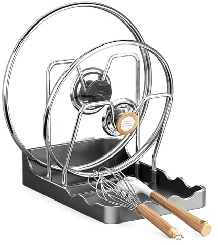 Bafiwu Soporte para tapa de olla con soporte para cuchara, organizador de tapa 2 en 1, soporte multifunción para cocina, ahorro de espacio para tapa, cucharas de cocina y más