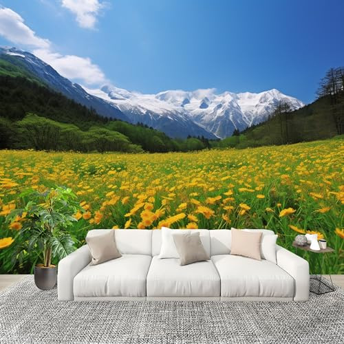 Paisaje Bosque MontañA Flores Fotomurales 200x140 cm Papel Pintado Tejido No Tejido Fotomural Naturaleza Efecto 3D Papel Tapiz Decorativos para Dormitorio Salón TV Pared Murales Póster