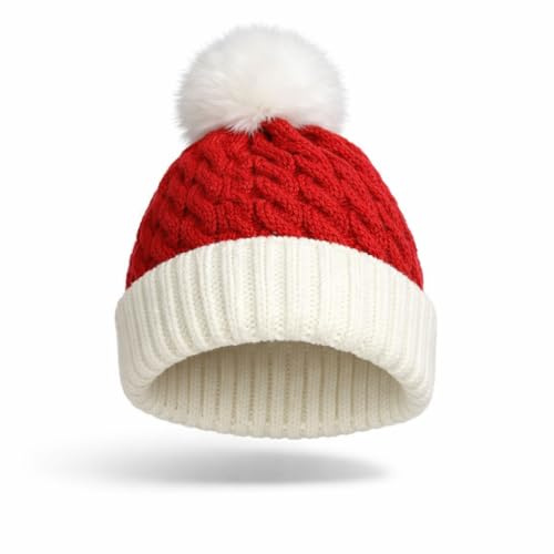 Deggelbam Weihnachtsmütze für Erwachsene – Dick gestrickt, hochwertig verarbeitet, mit flauschigem weißem Pompon, warm & bequem. Wintermütze Nikolausmütze