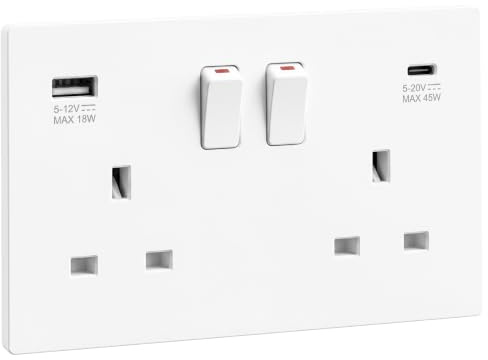 SURAIELEC 45W Double Plug Socket with USB C, 2 Gang 13A DP Switched Plug | White screwless finish with 2 USB-C and 1 USB-A ports. Child-safe design, fits standard 25mm back boxes